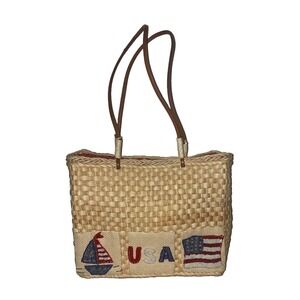 QVC Purse USA Flag Boat Patriotic Corn Husk Straw Shoulder Bag 11x9x4"